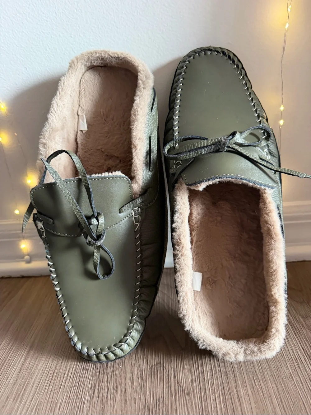 Men's Olive Green Faux-Fur Lined Slip-On Moccasins